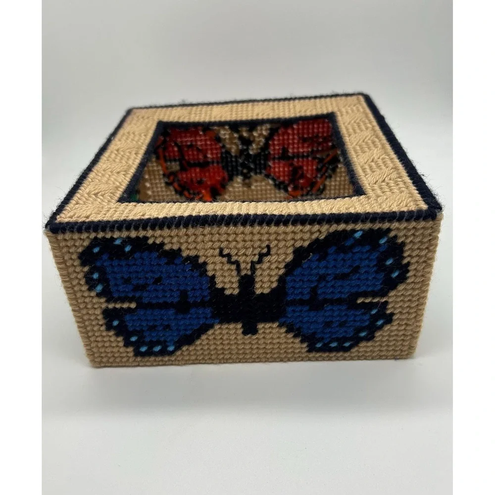Handmade Needlepoint Butterfly Tissue Box Cover Yarn Art Cottagecore Decor